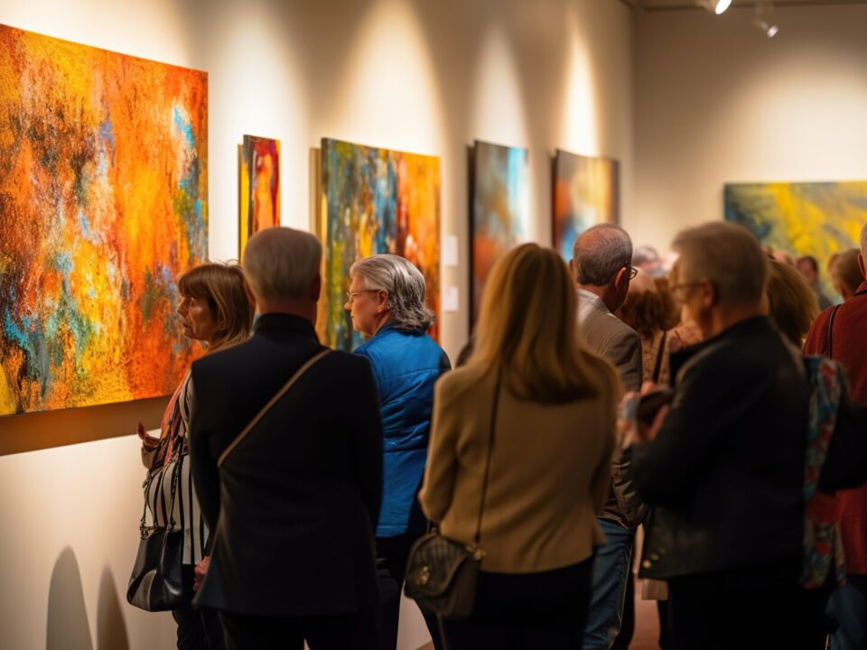 Group of people attend an art gallery with paintings