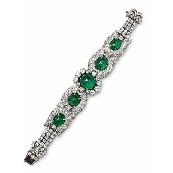 French Platinum Emerald Diamond Bracelet Auction img